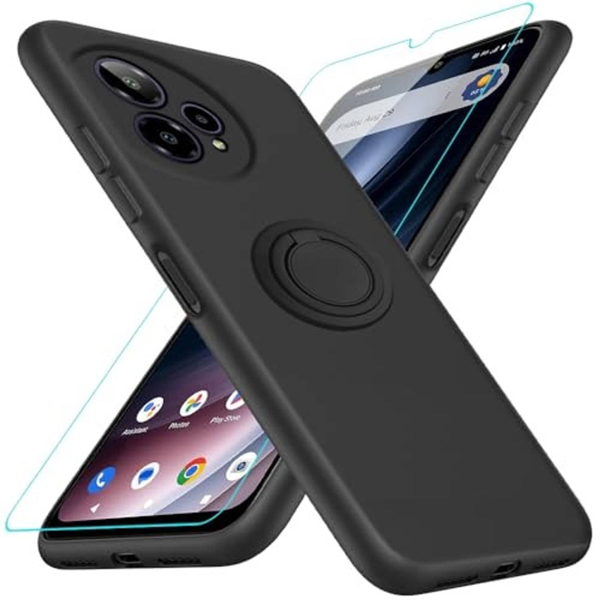 Black slim phone case angled view with circular ring holder and triple camera cutouts.