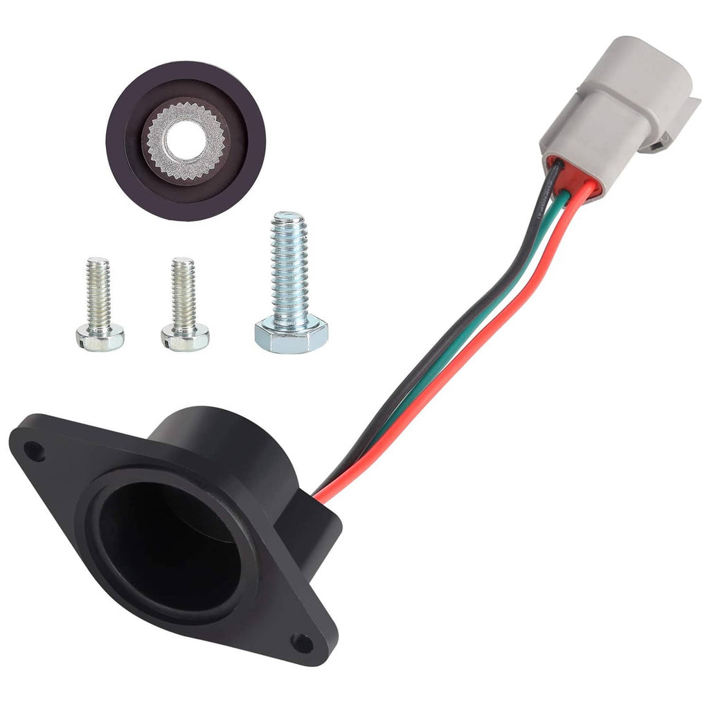 High-speed magnet sensor with connector plug, wire leads, mounting screws, and drive gear
