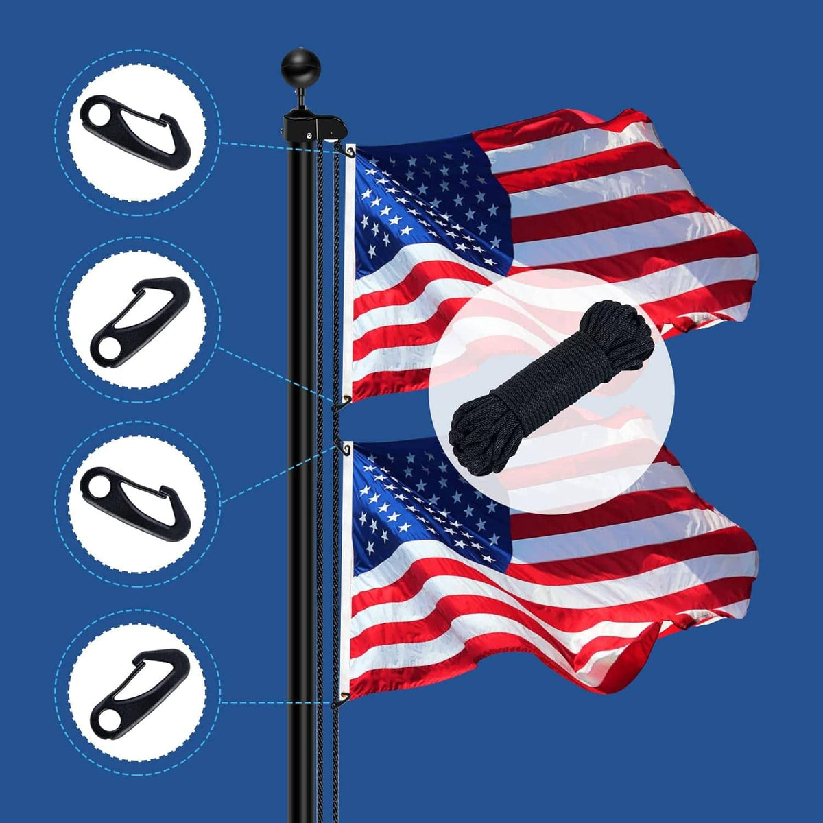 Flagpole rope kit with dark nylon halyard rope and four black clips, shown with U.S. flag