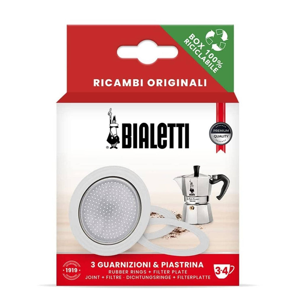 Bialetti spare parts kit with 3 gaskets and 1 white filter plate, 3/4 cup