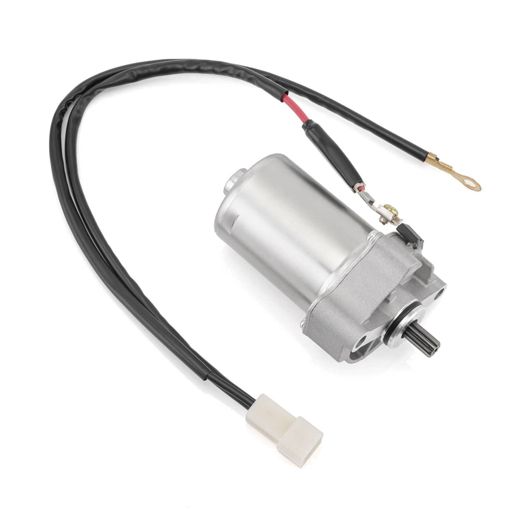 Starter motor assembly with silver motor and black wire harness, white plug connector