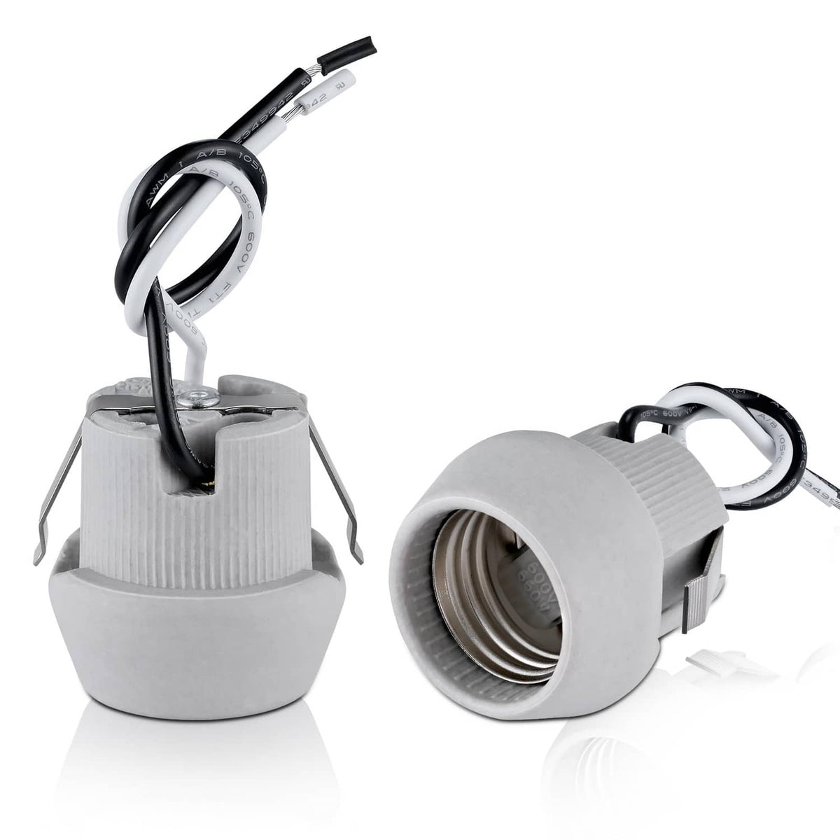 Grey E26 keyless porcelain light socket with heat-resistant housing and wire terminals