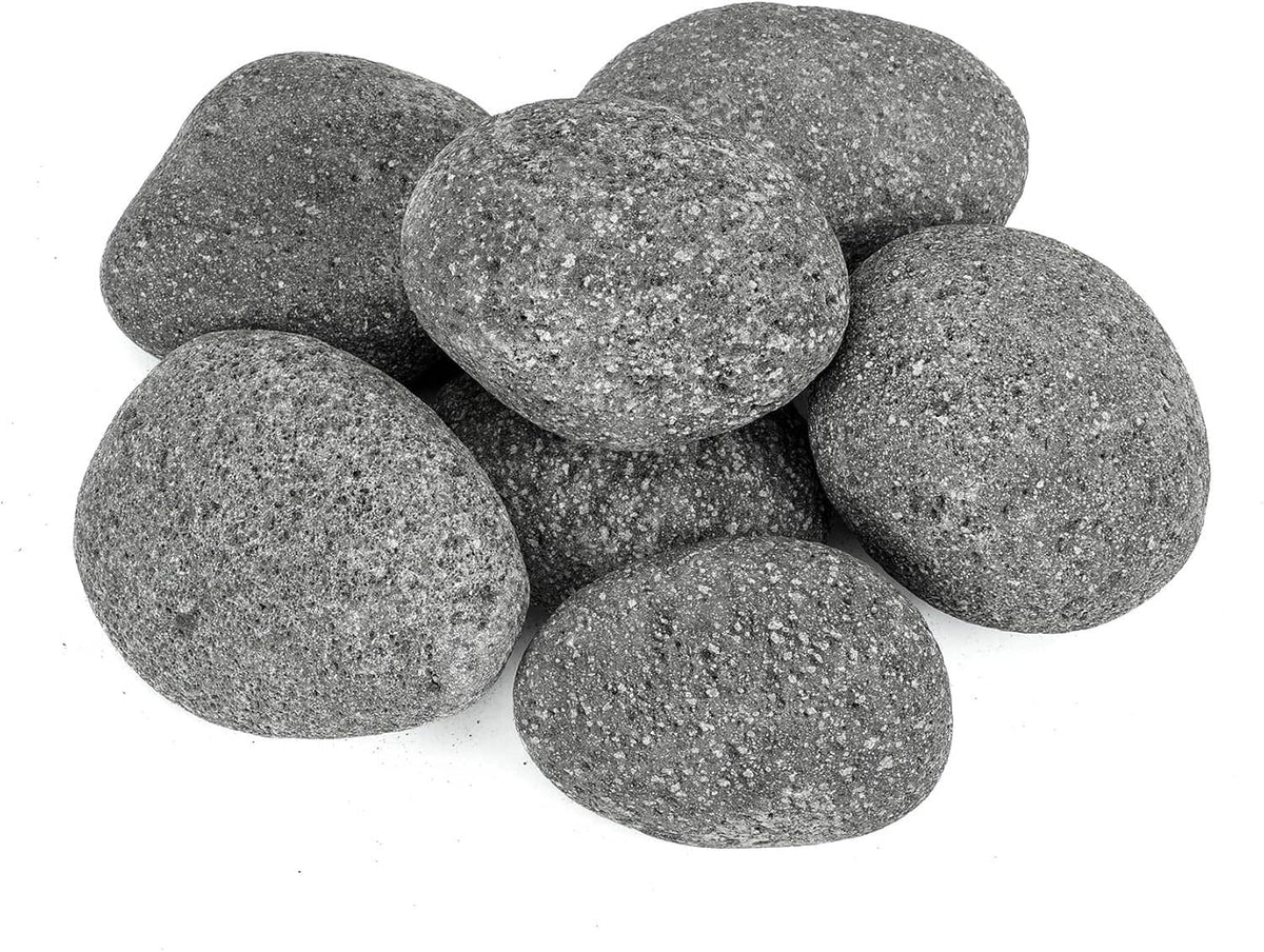 Assorted round black lava rock stones with speckled tumbled surface