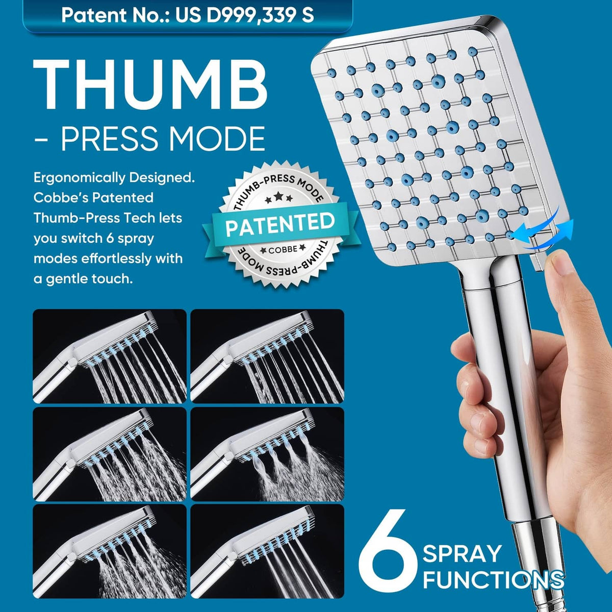 Chrome handheld shower head with thumb-press switch and 6 spray function settings