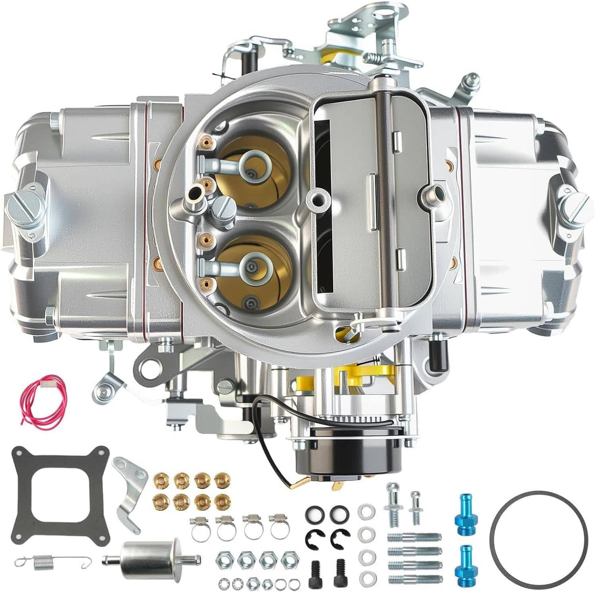 Aluminum 4-barrel double pumper carburetor with e-choke and side fittings, close-up