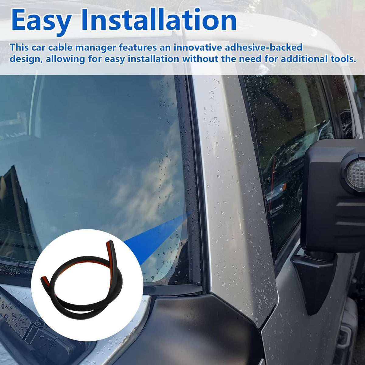 Black car cable cover strip installed along a door window frame edge
