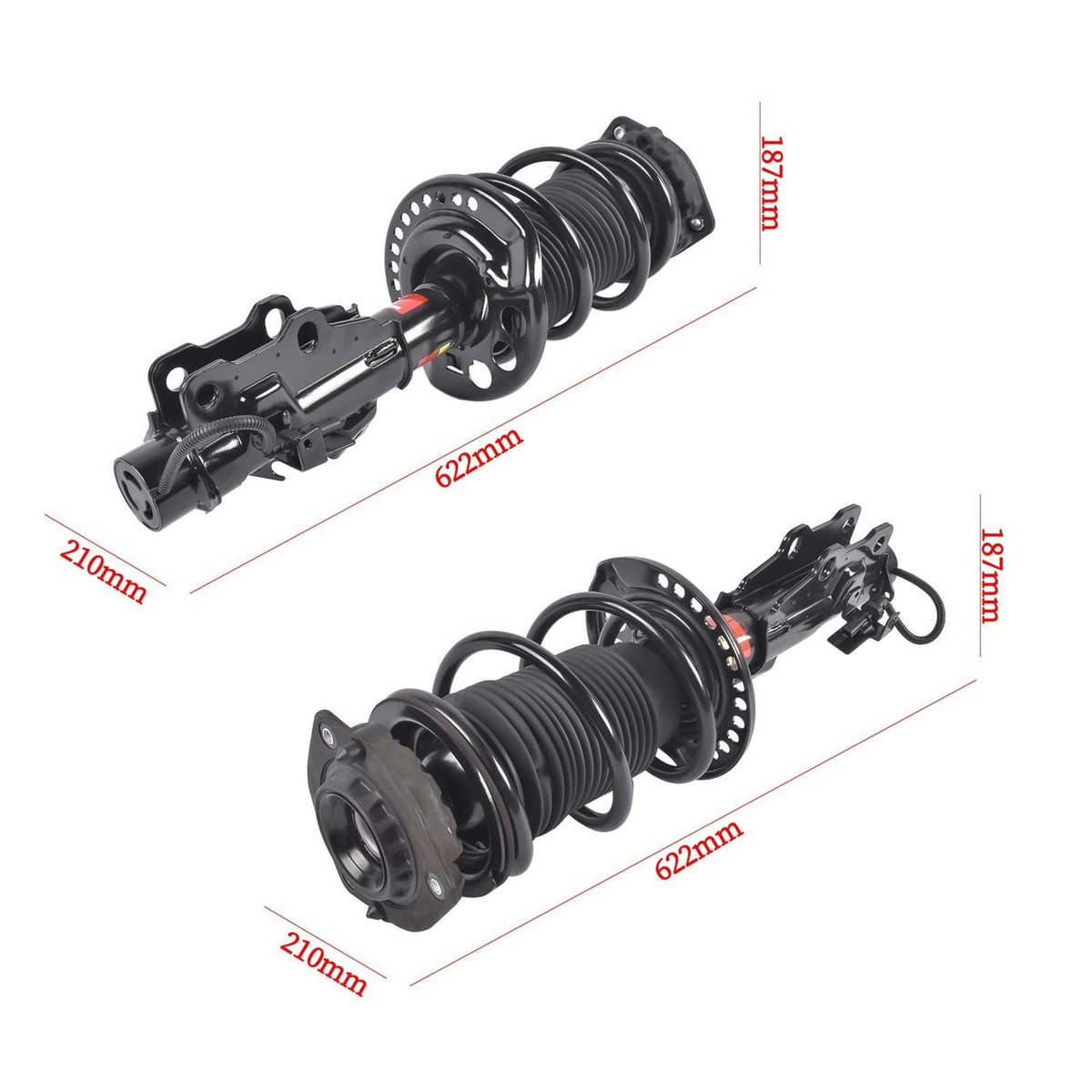 Front strut assembly pair with coil springs and mount brackets, angled view