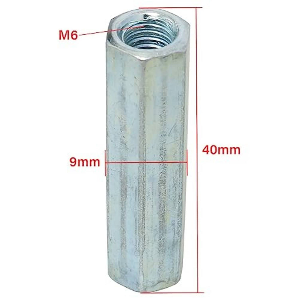 M6 long rod hex coupling nut with female thread, approx 40mm length; zinc-plated steel