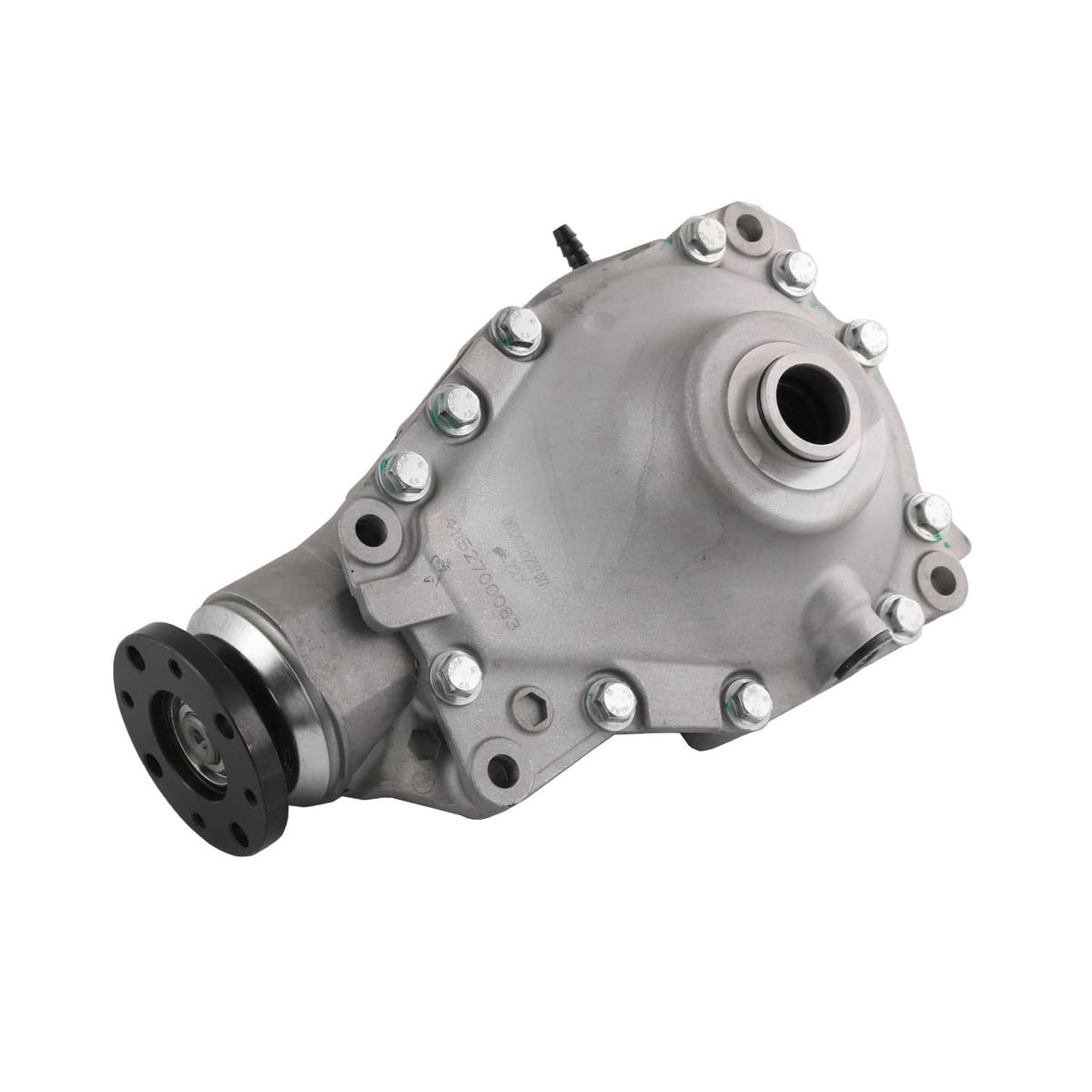Front axle differential carrier with flange and mounting bolts, silver metal housing