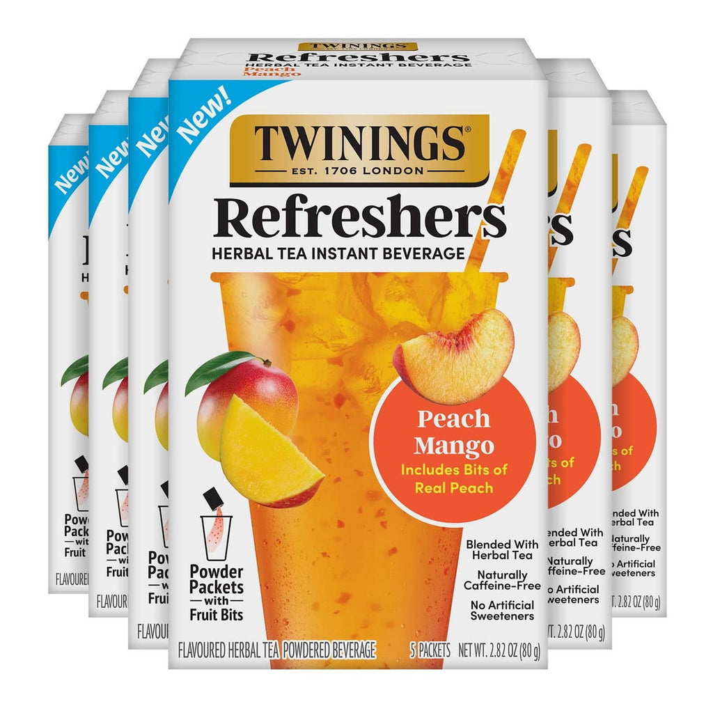 Instant herbal tea mix boxes, Peach Mango flavor, 5 packets