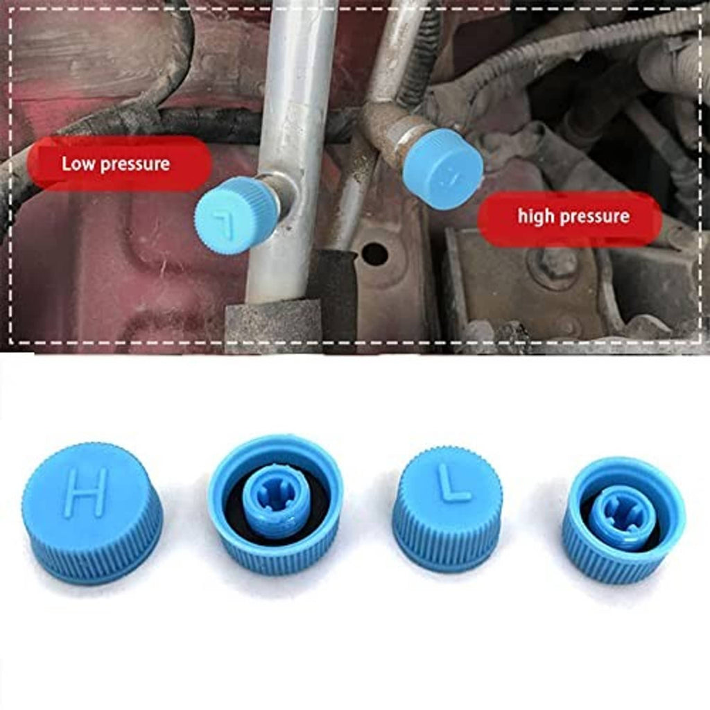 Light blue A/C valve caps on car AC fitting; H and L style caps