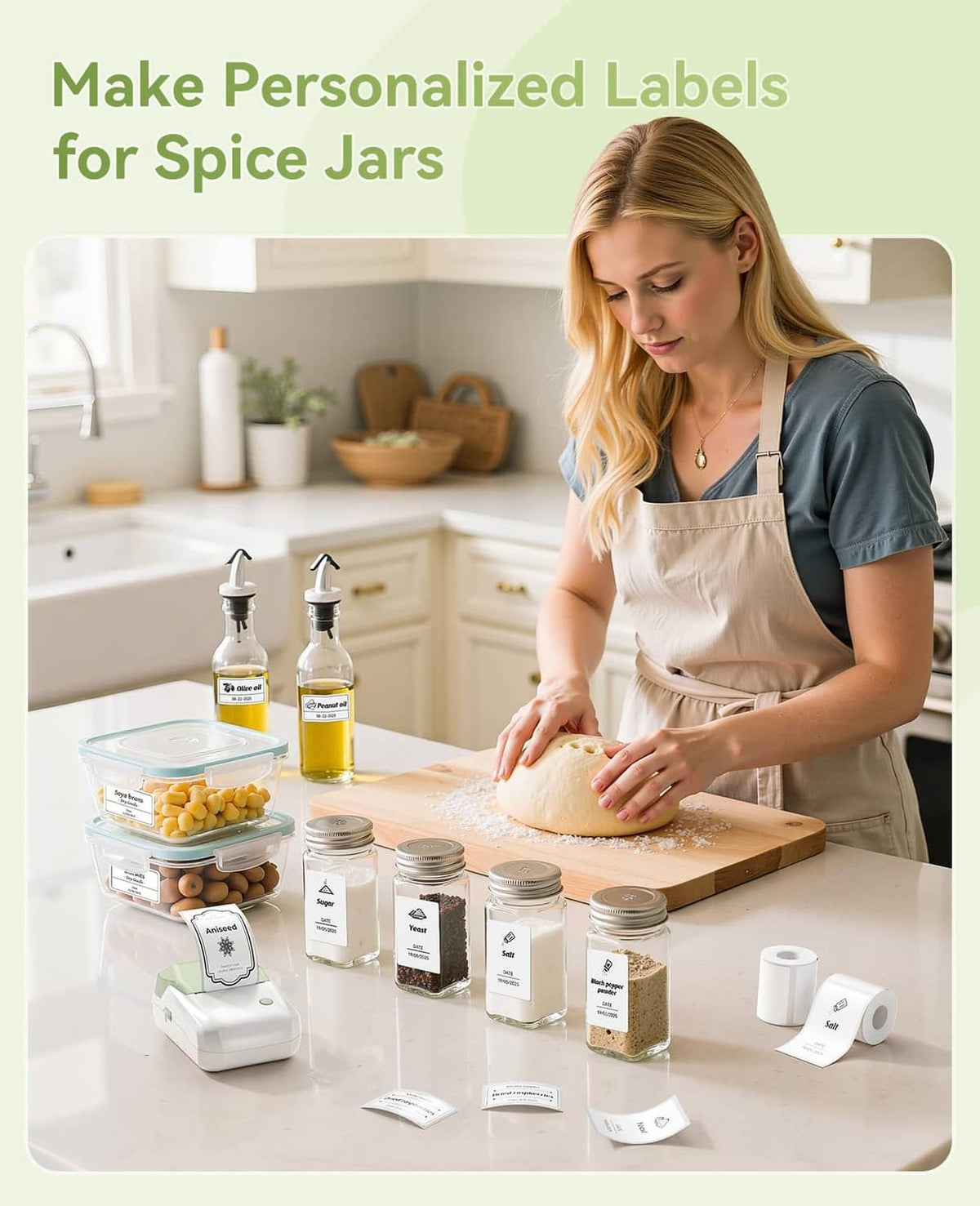 NIIMBOT B1 label printer on worktable with printed labels and small jar containers