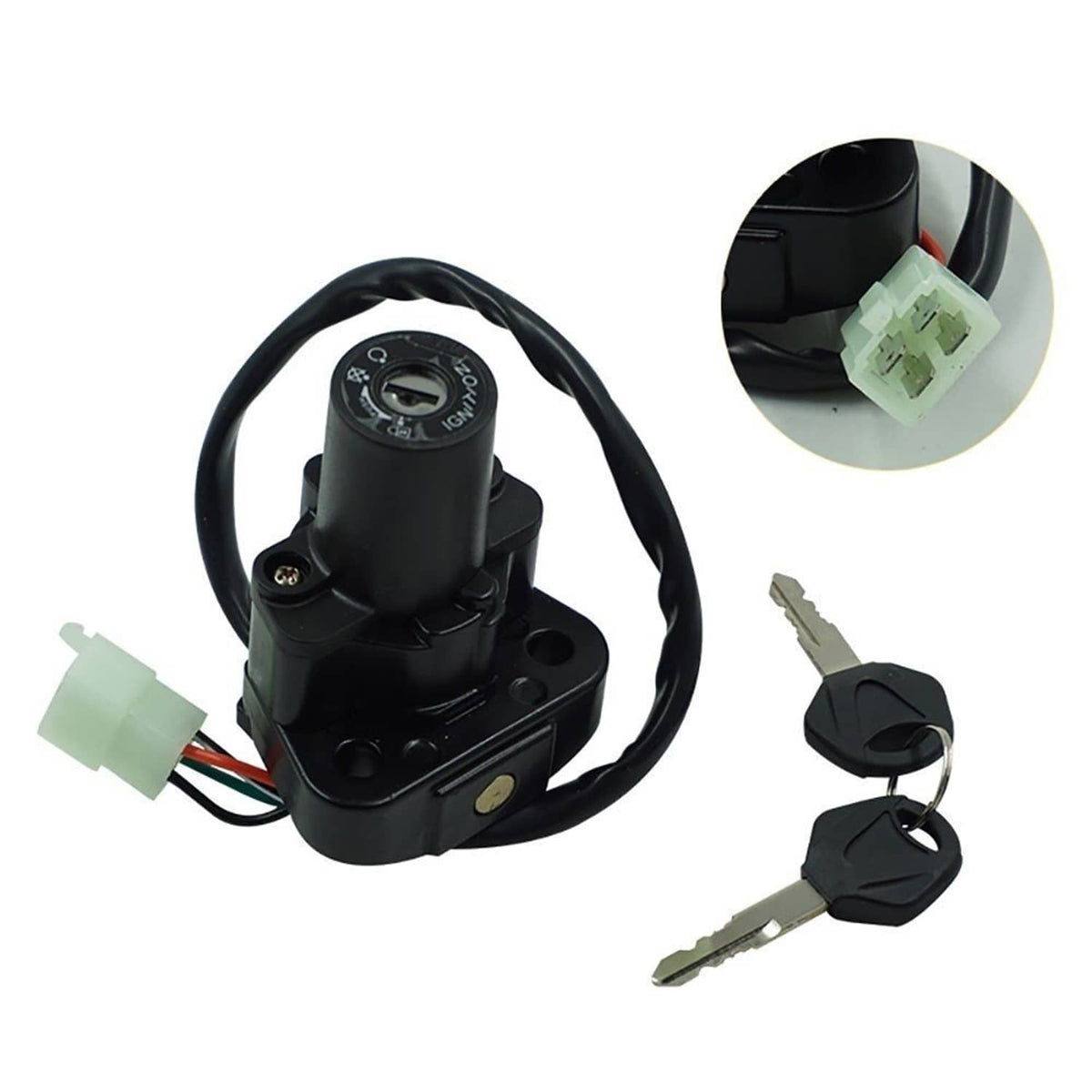 Ignition switch assembly with wiring harness, keys, and electrical connector