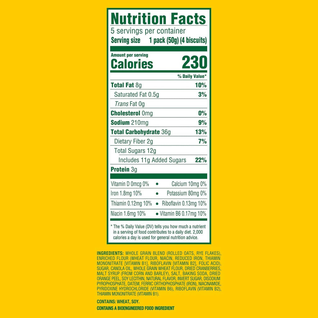 Belvita Crunchy cranberry-orange breakfast biscuits nutrition facts panel