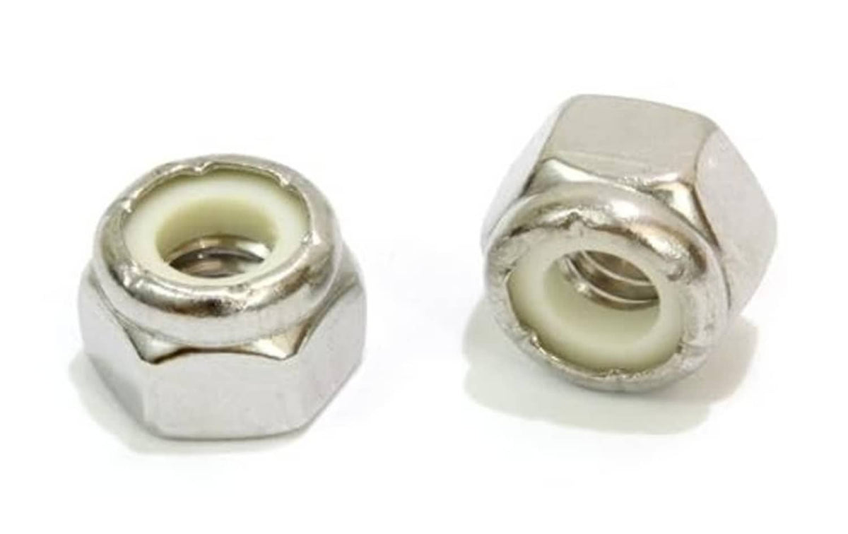 Pair of stainless steel hex lock nuts with cream nylon inserts, hex faces visible