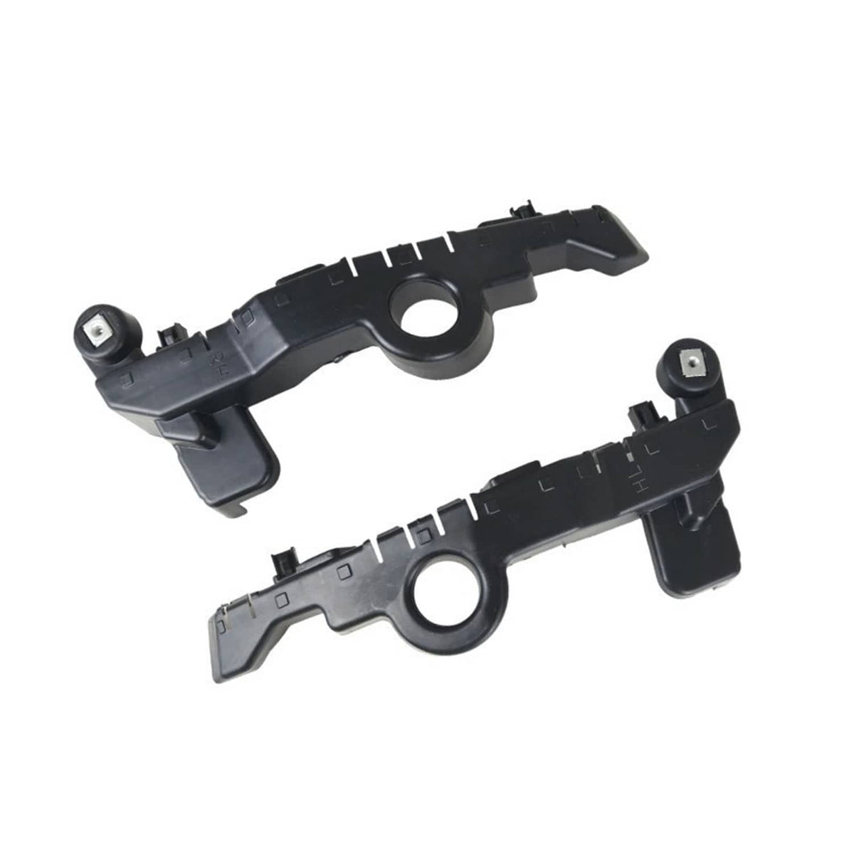 Pair of front bumper guide brackets, black plastic with circular mounting hole