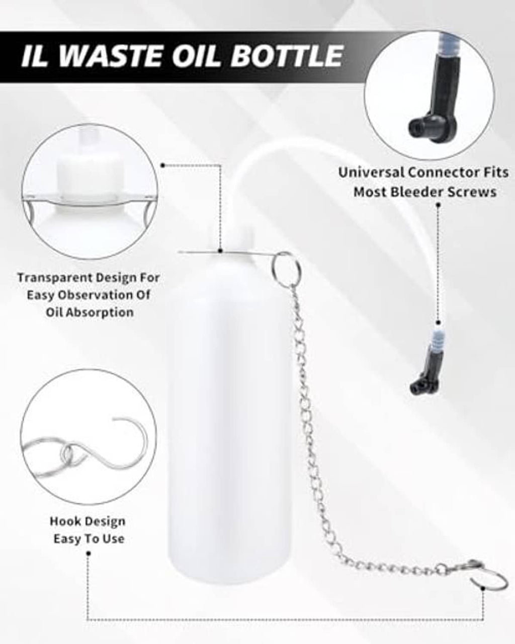 Transparent 1L waste oil bottle for brake bleeding kit with universal connector and hook