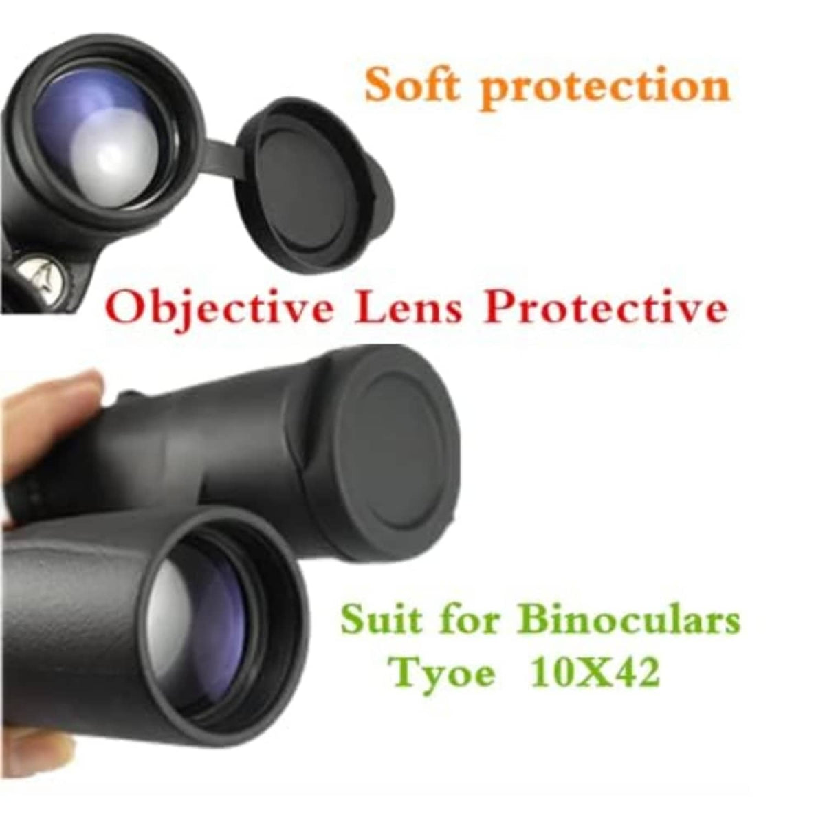 Black rubber objective lens protective caps with rainguard rings for binoculars