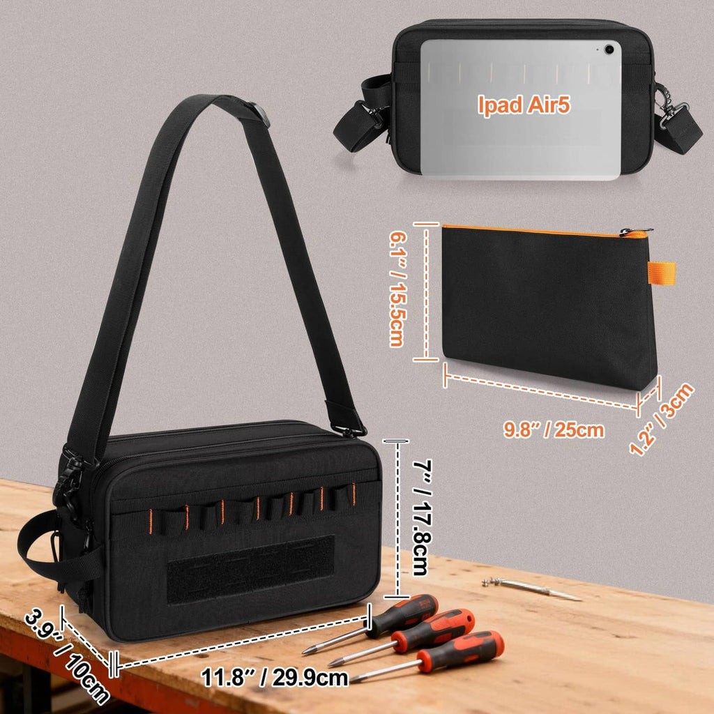 Black compact tool bag with orange trim, shoulder strap, and front zip compartment