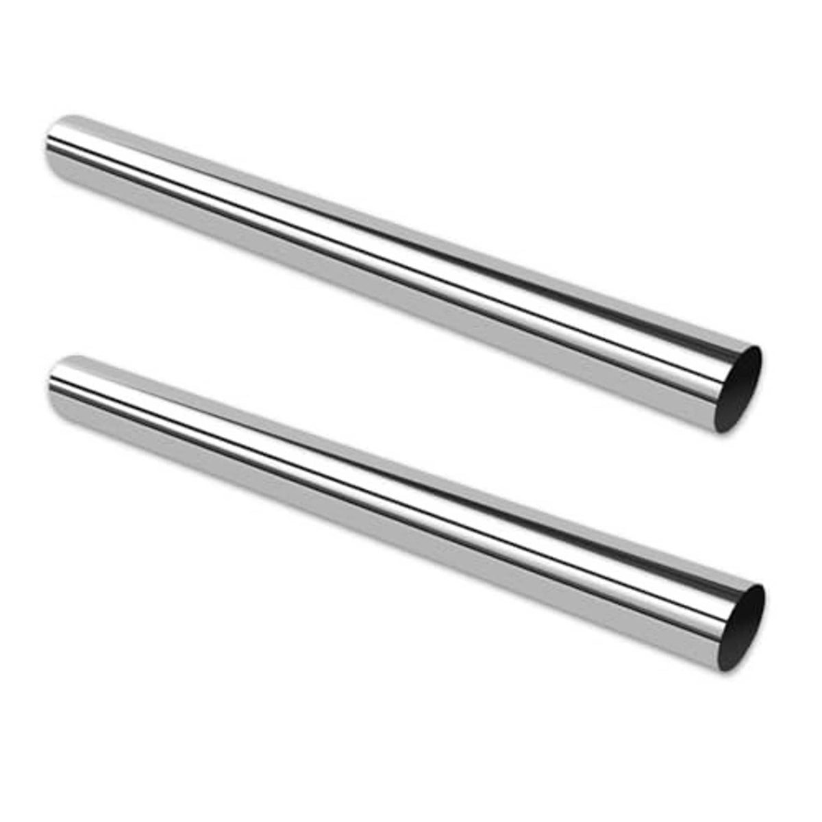 Two polished stainless steel exhaust tubes with open ends and 3-inch outer diameter