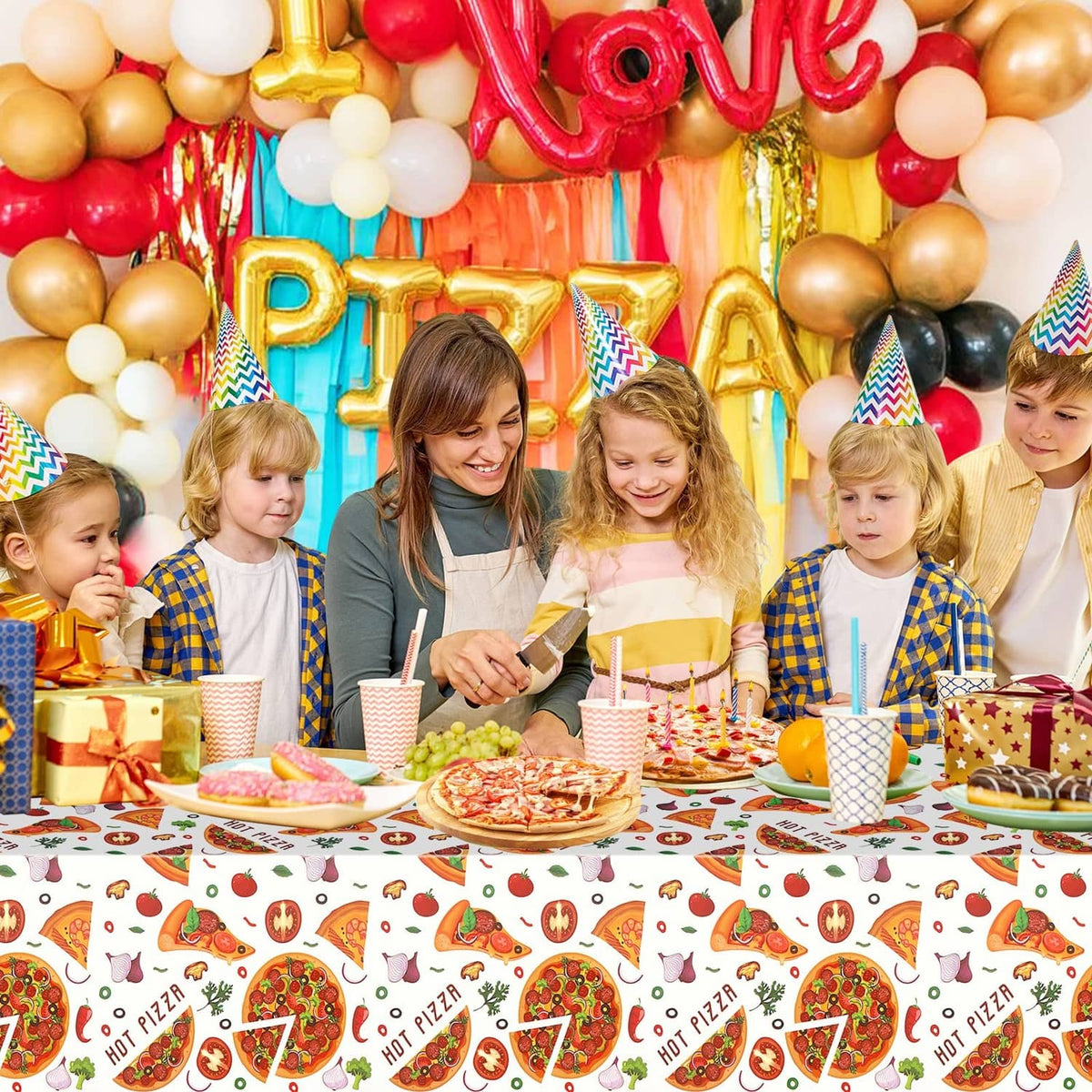 White tablecloth with repeating Hot Pizza slice and vegetable graphics