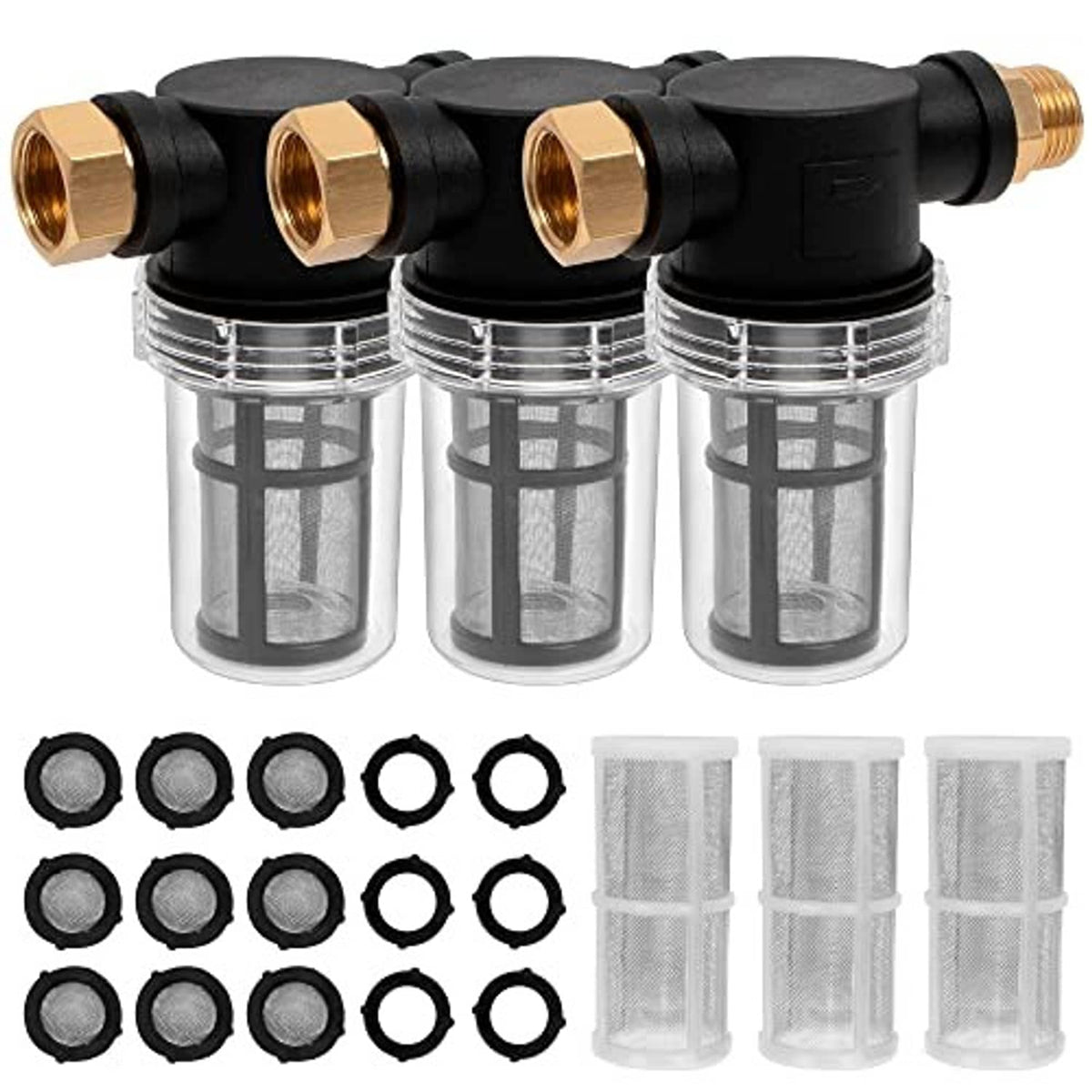 Three pressure washer inlet filters with clear mesh cylinders and black housings, brass ends.