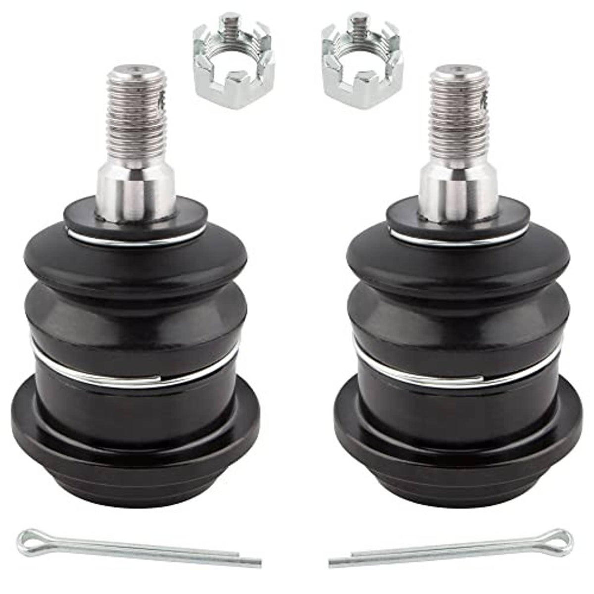 Pair of ball joints with black boots, silver threaded studs, and included clips