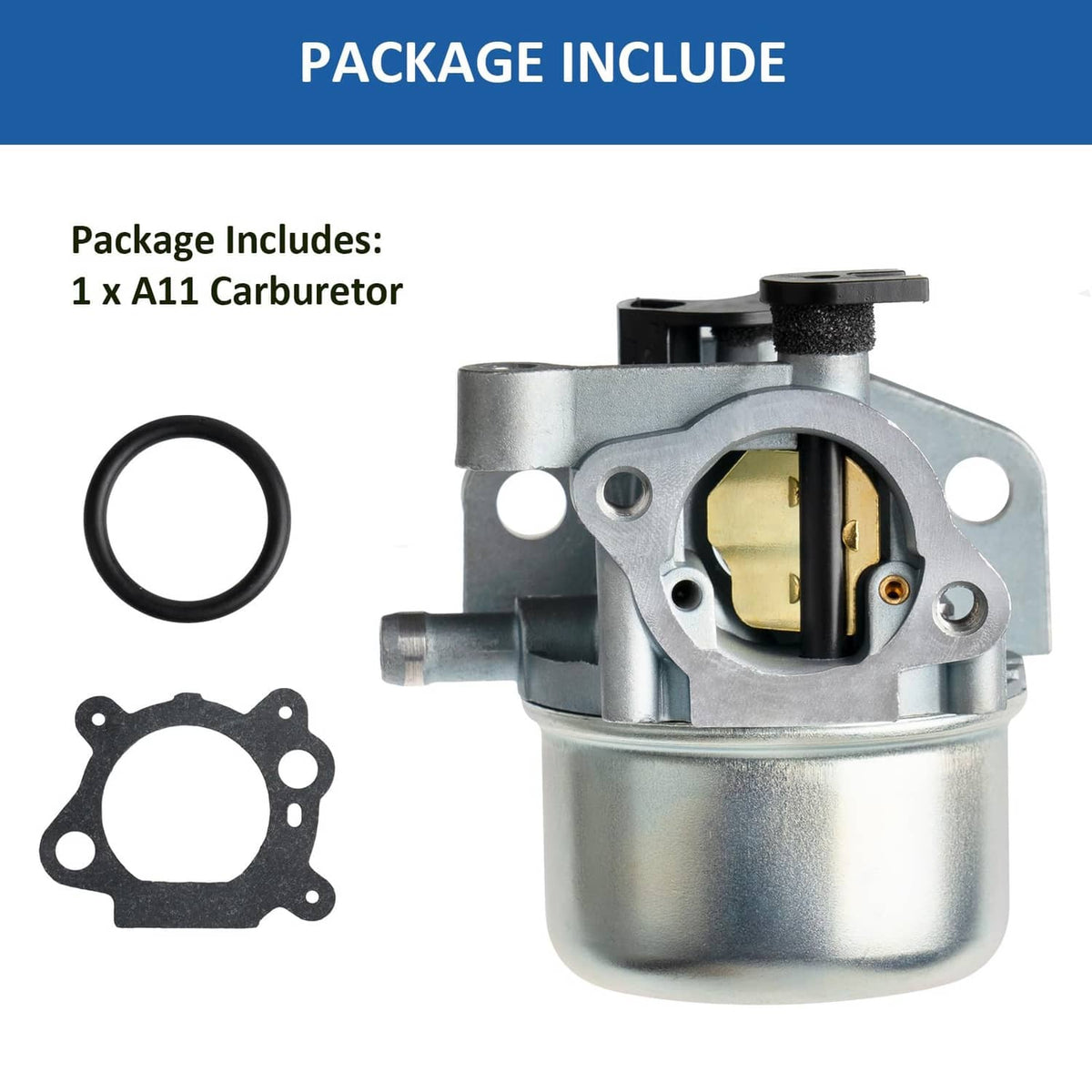 Carburetor kit with metal housing, black top, gasket, and O-ring seal