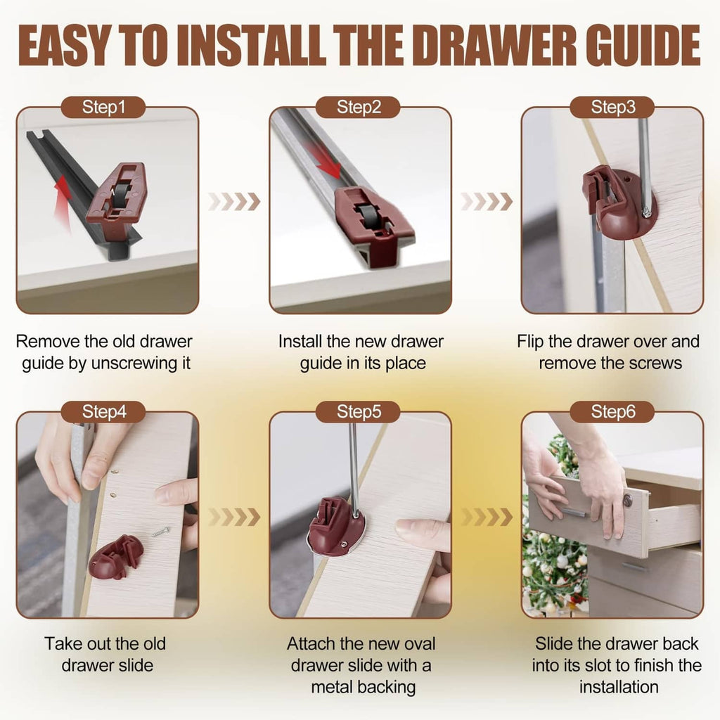 Dark brown drawer guide kit installation steps showing guide placement and screw mounting