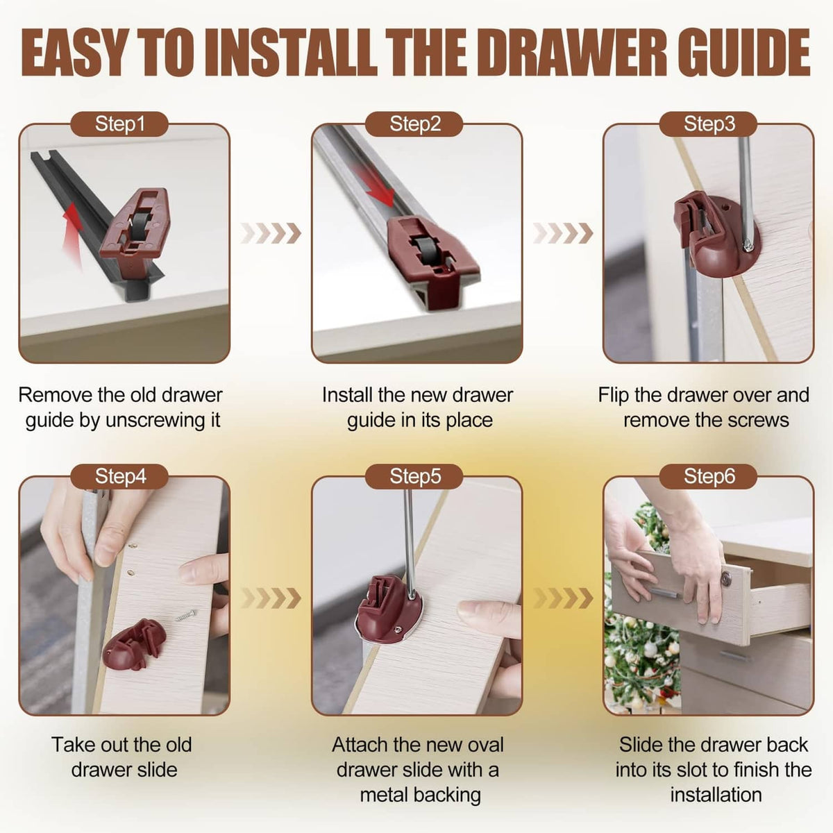 Dark brown drawer guide kit installation steps showing guide placement and screw mounting