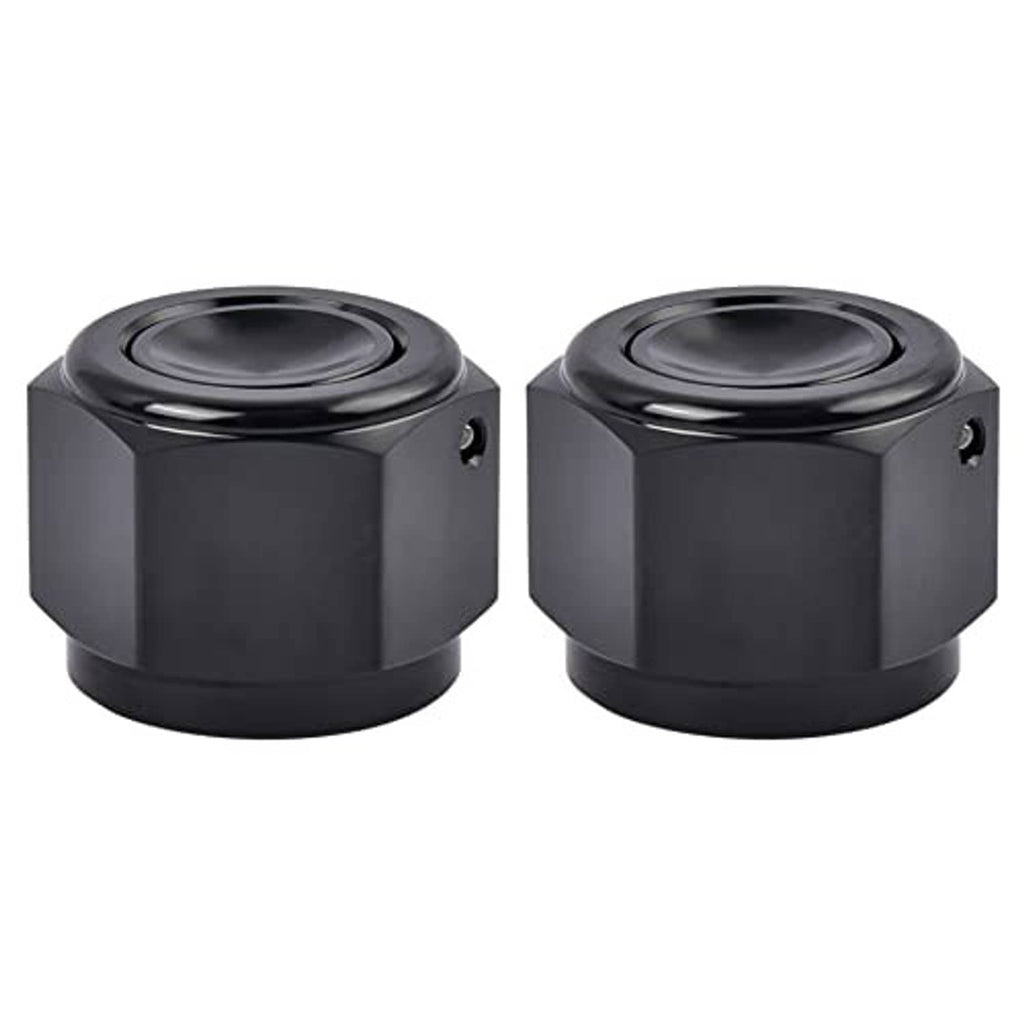 Two black 10AN flare cap block-off plugs with hex bodies and threaded openings