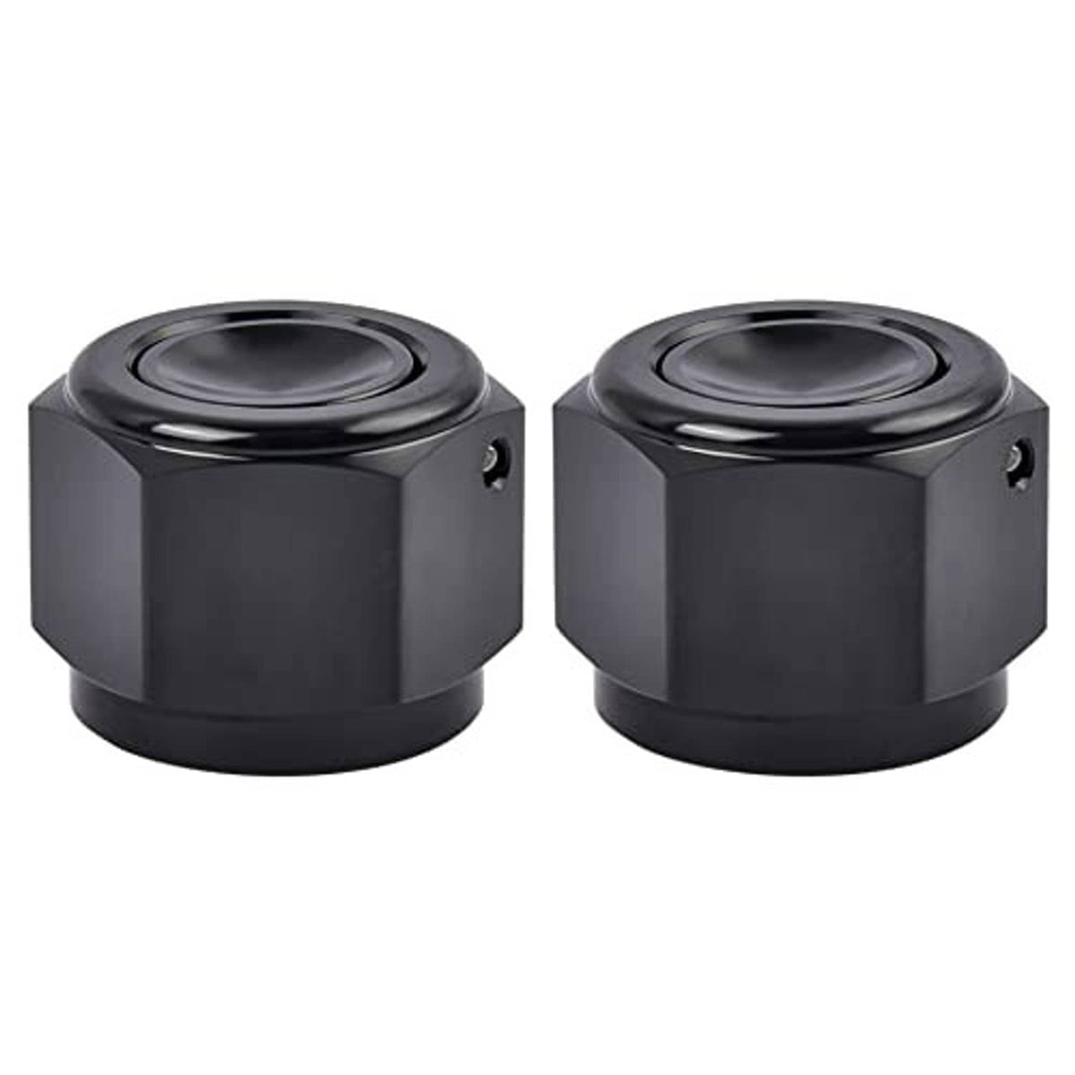 Two black 10AN flare cap block-off plugs with hex bodies and threaded openings
