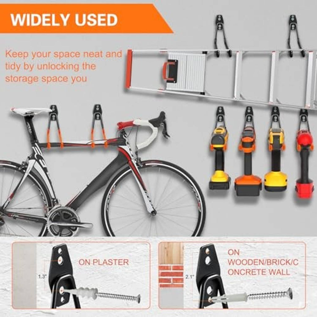 Wall-mounted black U hooks holding tools, hoses, and accessories