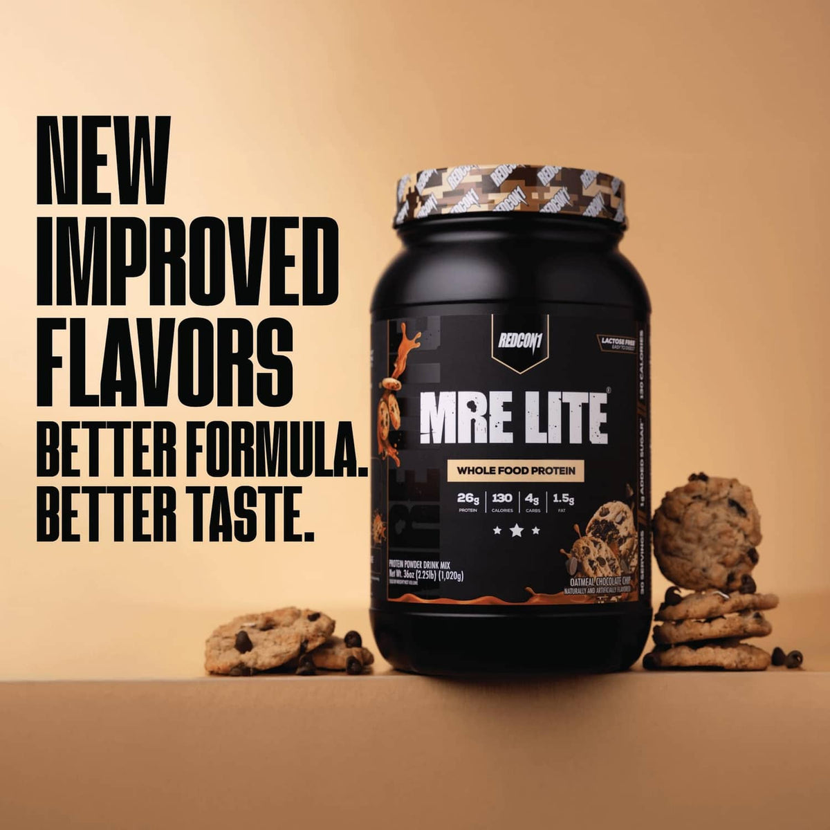 REDCON1 MRE LITE tub with “new improved flavors” text, oatmeal chocolate chip