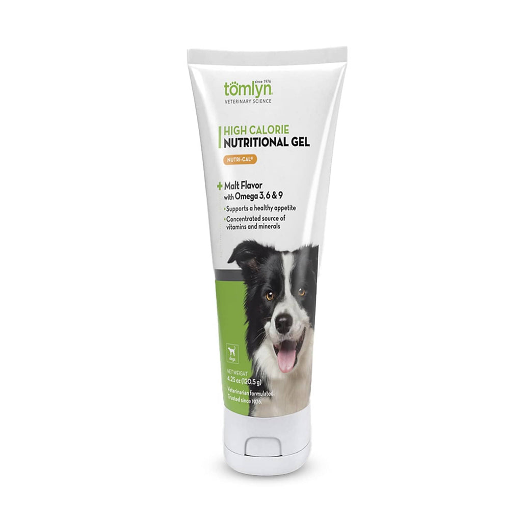 Tomlyn malt-flavored high-calorie nutritional gel tube with dog on label