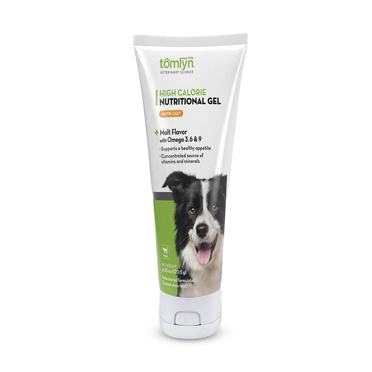 Tomlyn malt-flavored high-calorie nutritional gel tube with dog on label