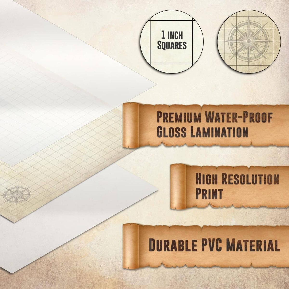 Waterproof glossy grid mat with high-resolution print and 1-inch square scale