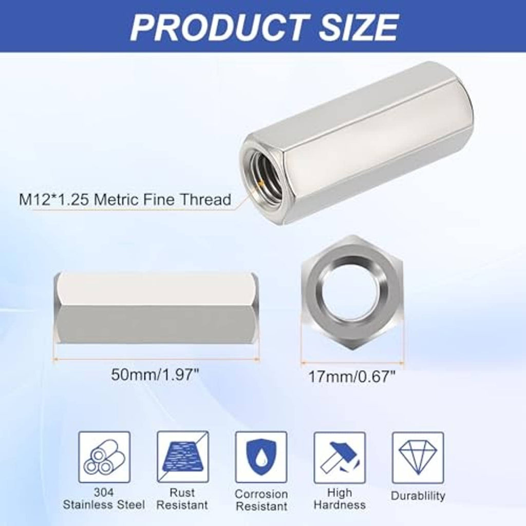 Single hex coupling nut, silver with internal thread opening; M12 x 1.25 (50mm length)