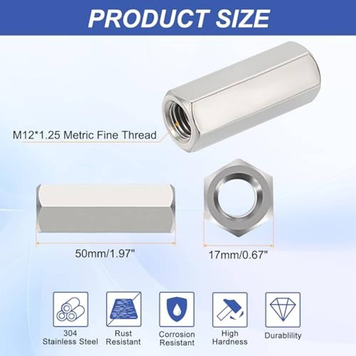 Single hex coupling nut, silver with internal thread opening; M12 x 1.25 (50mm length)