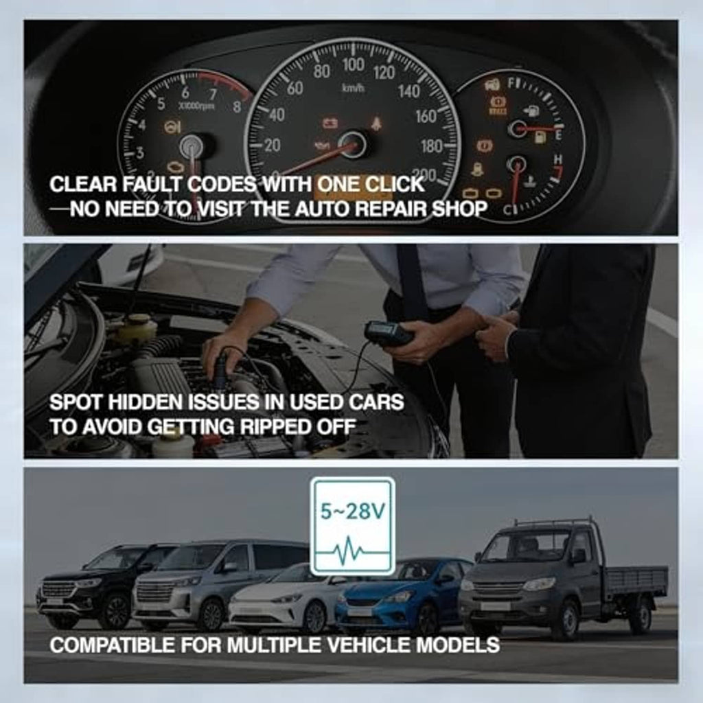 B26 OBD-II Bluetooth scanner in use over a car dashboard with phone held