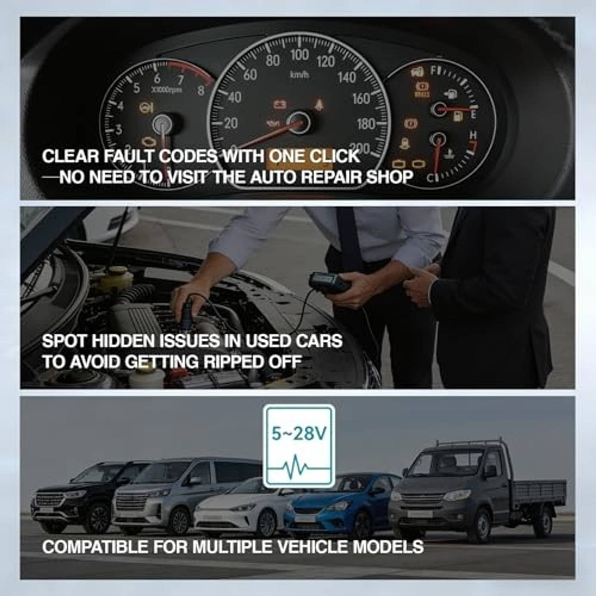B26 OBD-II Bluetooth scanner in use over a car dashboard with phone held