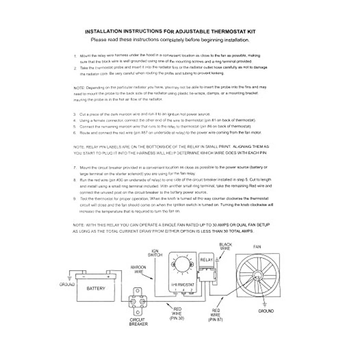 Thermostat controller wiring diagram with relay, fan, battery, and ground connections