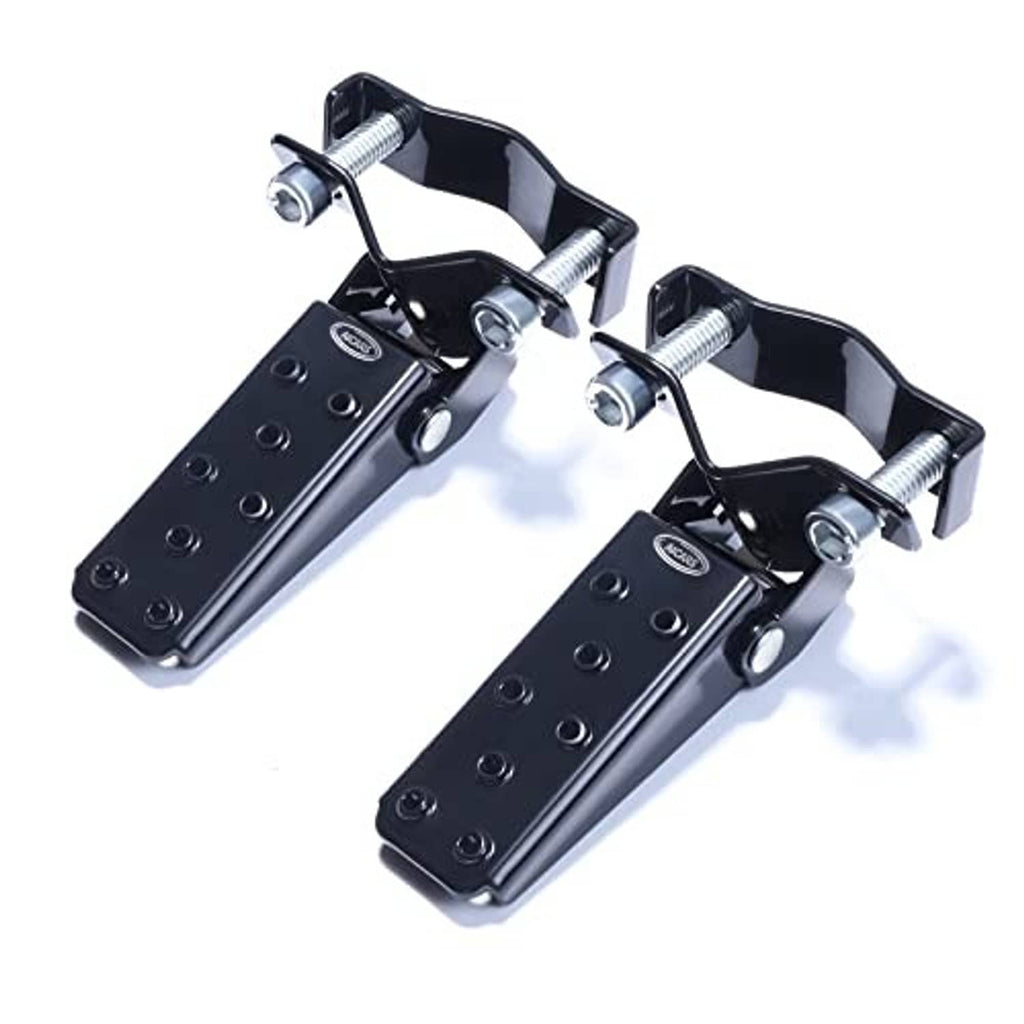 Pair of universal folding motorcycle foot pegs in black with stud bolts and non-slip tread pattern