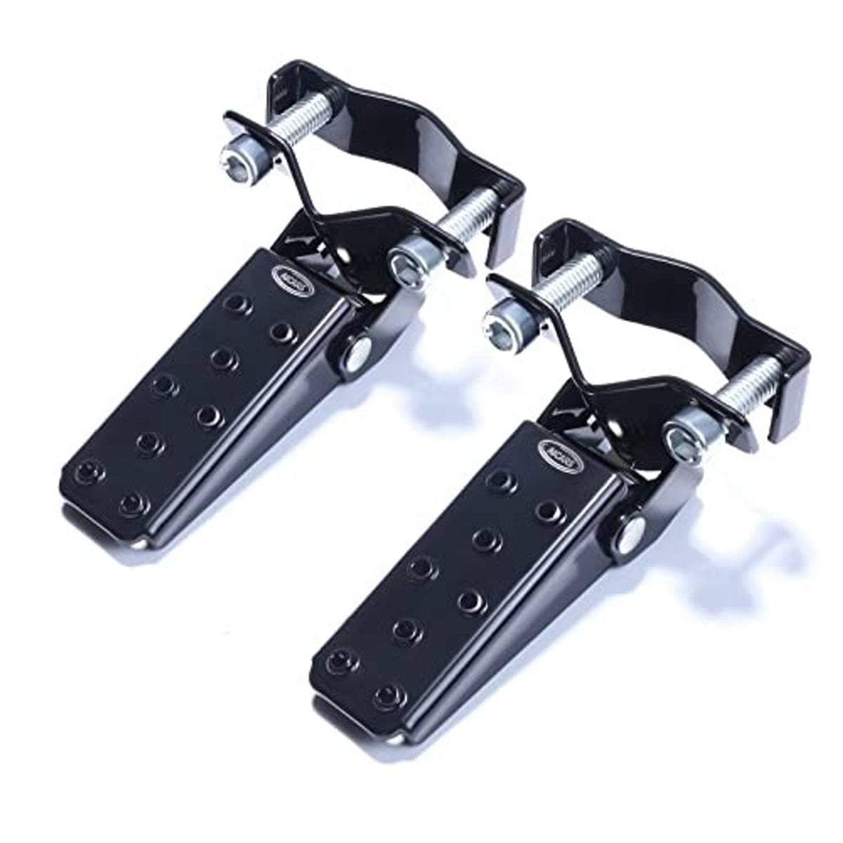 Pair of universal folding motorcycle foot pegs in black with stud bolts and non-slip tread pattern