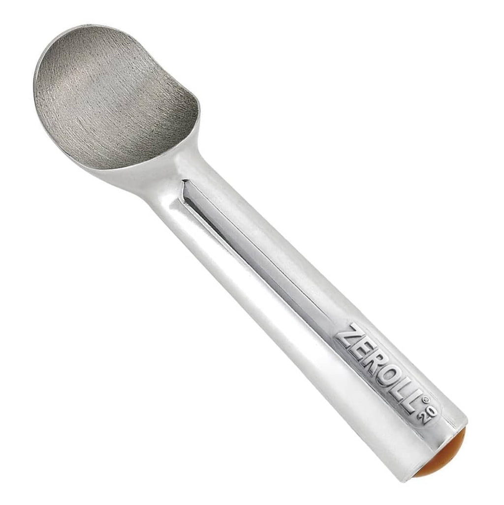 Zeroll ice cream scoop, silver size 20 with curved bowl and embossed handle text.