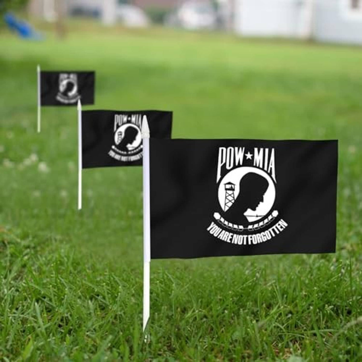 Two mini hand-held POW/MIA flags on grass, black cloth with white circular emblem
