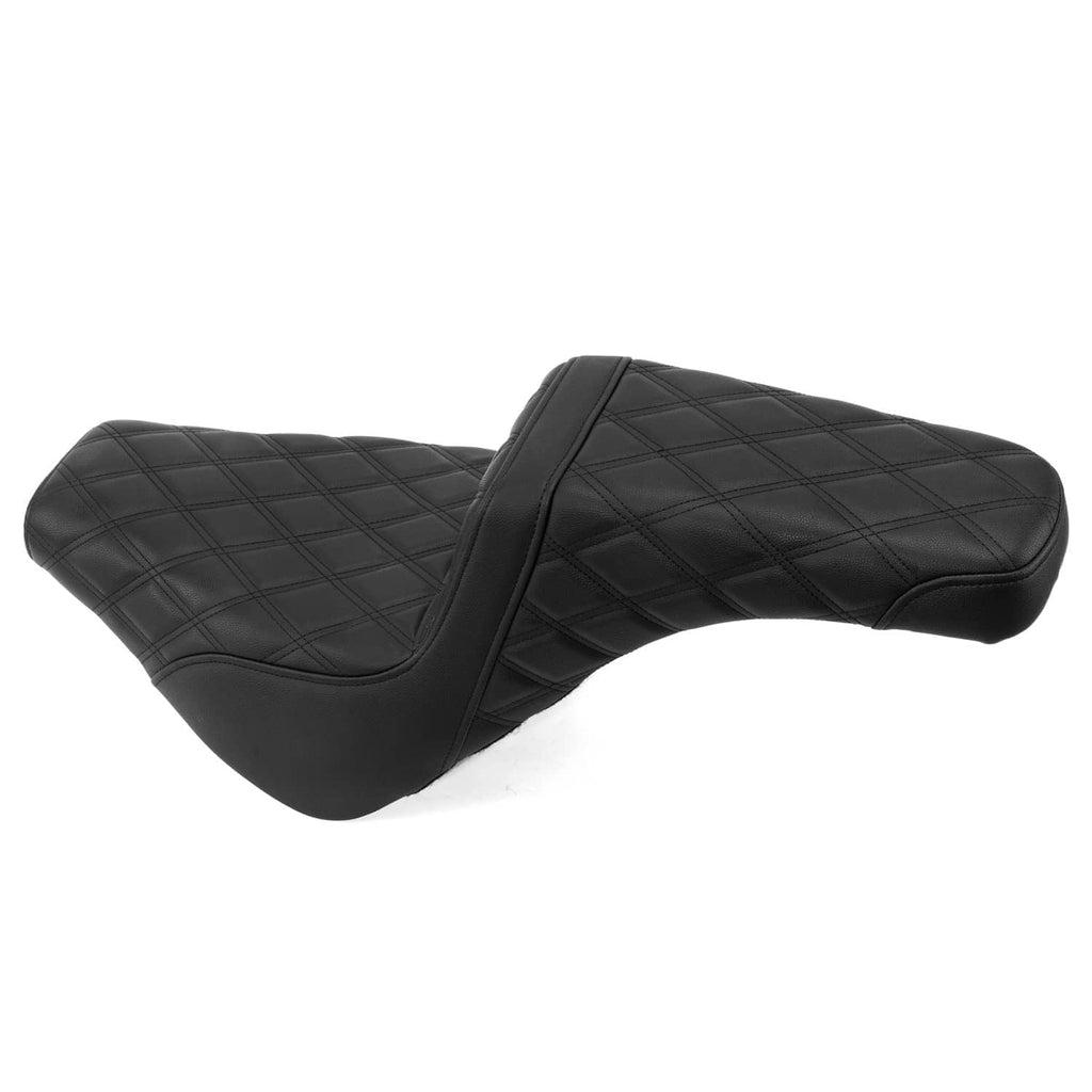 Black two-up motorcycle seat with diamond-quilted driver and passenger sections