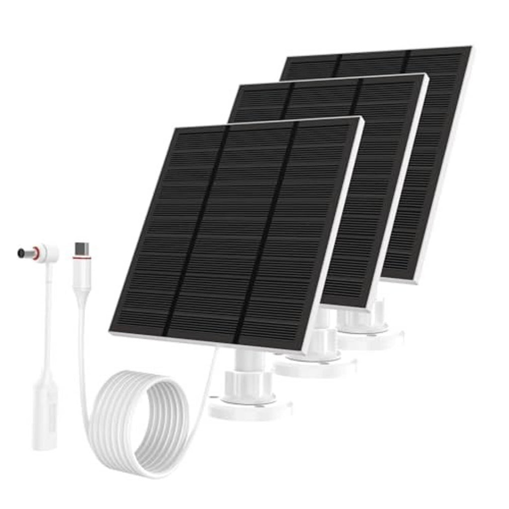 Outdoor solar power panel kit with two black solar panels, white bracket mounts, and cable