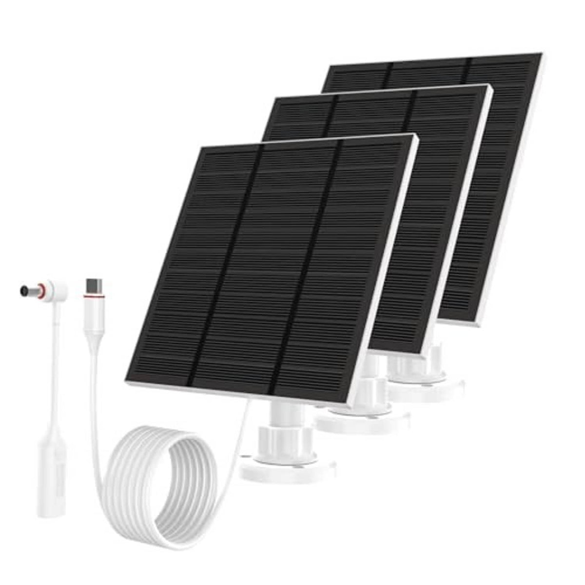Outdoor solar power panel kit with two black solar panels, white bracket mounts, and cable