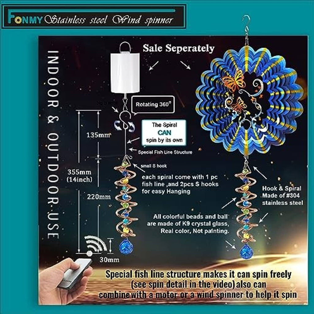 Blue-copper spiral wind spinner with rotating hook detail and blue crystal drop